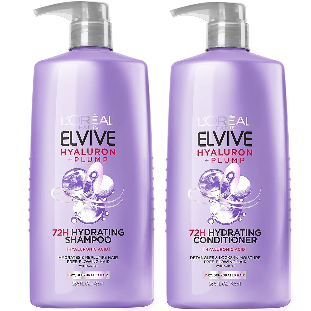 L’Oreal Paris Elvive Hyaluron Plump Shampoo and Conditioner Duo for Dehydrated, Dry Hair with Hyaluronic Acid Care Complicated, 1 Equipment (2 Merchandise)