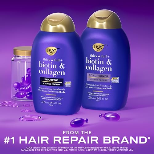 OGX Biotin & Collagen Thick & Full Shampoo and Conditioner Set, 13 Fl Oz Every (Pack of two) - Packaging Might Fluctuate, Purple