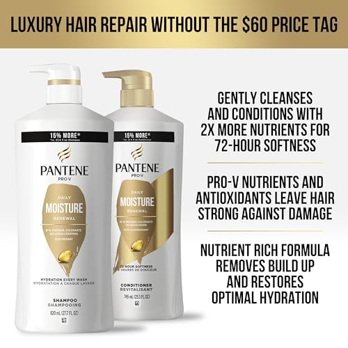 Pantene Each day Moisture Renewal Shampoo and Conditioner Set with Professional-V Vitamins for Dry, Shade-Handled Hair – 27.7 Fl Oz Every, 2-Pack, Offers Lengthy-Lasting Hydration and...